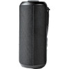 A cylindrical black waterproof Bluetooth speaker with a textured fabric exterior and a carrying strap.