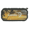 A black outdoor waterproof Bluetooth speaker featuring a sunset and palm tree design, with a logo on the front.