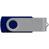 A blue and silver USB flash drive with a swivel cap, featuring a branding logo. It has a storage capacity of 16GB.