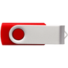 A red and silver USB flash drive with a swivelling cover and a circular button, featuring a logo.