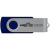 A blue and silver USB flash drive with a swivel design, featuring a logo on the cover.
