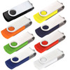 A collection of eight Rotate USB flash drives in various colours, featuring a white body and coloured accents.