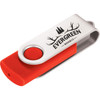 A silver and red USB flash drive with a swivel design and a logo on the side.
