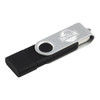 A silver and black USB flash drive with a logo, featuring a rotating design and an 8GB capacity.
