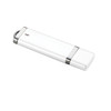 A white USB flash drive with a sleek design and metallic accents. It features a branding logo.