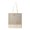 A grey and cream recycled cotton twill tote bag with long handles and a branding tag.
