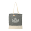 A grey and cream cotton twill tote bag featuring a logo and two sturdy handles.