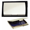 A sleek silver pocket business card holder with a shiny finish and a hinged opening.