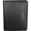 A black imitation leather A4 zippered compendium featuring a sleek design and a branding logo.