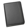 A black imitation leather A4 compendium featuring stitches and a logo. Ideal for office and business use.
