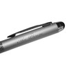 A metal stylus pen in silver, featuring a textured grip and a clip. Includes branding on the barrel.