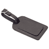 A black covered luggage tag with a strap, featuring a smooth, rectangular design and a logo.