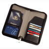 A black travel wallet with slots for a passport and multiple credit cards, featuring a smooth interior and a logo.