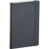 A dark grey, carbon fibre textured journal featuring an elastic band closure and a sleek design.