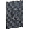 A black carbon fibre journal with a textured finish and an embossed logo on the cover.