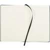 A black journal notebook with lined pages and a ribbon bookmark. It features a sleek design and has a logo.