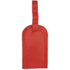 A red luggage tag featuring a smooth finish and a sturdy strap for attachment.
