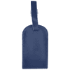 A navy blue luggage tag made of leather with a strap for attachment. It features a logo on the surface.
