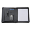A black bonded leather compendium featuring a calculator, two pens, card slots, and a notepad.
