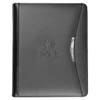 A black bonded leather compendium with a logo and a silver accent on the front cover.