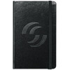 A black bound journal with a textured cover and an elastic band, featuring a logo on the front.