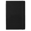 A black notebook with a smooth finish and an elastic band closure. It features a logo on the cover.