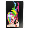 A black notebook with a colourful, artistic design featuring a vibrant wig and paint splashes. There is a logo on the cover.