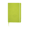 A green Ambassador Bound JournalBook featuring an embossed logo and an elastic closure.