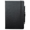 A black pocket bound journal with an elastic closure and a pen holder on the side.