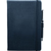 A navy blue pocket-bound journal with a textured cover and an attached pen. It features a logo on the front.