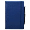 A navy blue pocket-bound journal with an elastic band and a pen attached. It features a sleek, smooth cover.