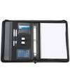 A black imitation leather A4 compendium featuring a notepad, pen slots, card holders, and a binder mechanism.