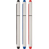 A set of three stylus pens in black, blue, and red, featuring a metallic silver body and a logo.
