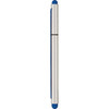 A stylus pen in silver and blue, featuring rounded ends and a sleek design. It has a logo on the side.