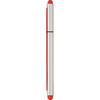 A silver and red stylus pen with a sleek design and rounded tips on both ends, featuring a logo.