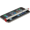 A stylus pen in silver with red accents rests on top of a smartphone, featuring a logo on the pen.