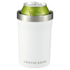 A drink bottle in white with a stainless steel rim, designed to hold a can. It features a logo on the front.