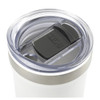 A drink bottle with a clear lid, stainless steel band, and a sleek white body. It features a brand logo on the lid.