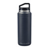 A drink bottle in dark navy with a stainless steel lid and a handle, featuring a logo on the front.