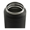 A drink bottle with a sleek black finish and stainless steel rim, featuring a wide opening for easy filling.