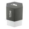 A drink bottle in dark grey and white, featuring a hexagonal shape and a branded logo.