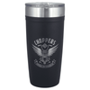 A drink bottle featuring a matte black finish, stainless steel lid, and a logo with motorcycle graphics.