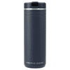 A drink bottle in navy blue with a stainless steel lid and a logo. Designed for thermal retention.