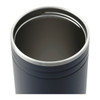A drink bottle with a dark exterior and stainless steel interior, featuring a smooth lip and a logo.