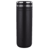 A drink bottle in matte black with a silver band and a straw opening at the top, featuring a logo.