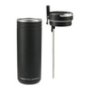 A drink bottle in matte black, featuring a straw lid and a plastic base, with a logo on the front.