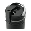 A drink bottle in black with a silver accent, featuring a straw opening and a secure lid. Branding is visible.