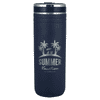 A drink bottle in navy blue with a straw, featuring a palm tree design and a logo.
