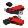 A red and black dual flash drive with a swivel cap, featuring a USB connector and a removable cover.