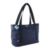 A navy cooler bag with black straps, featuring a front pocket and a logo on the side.
